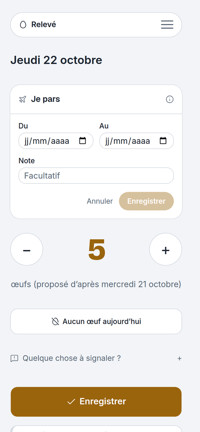 Ecran « Relevé », formulaire « Je pars » ouvert : dates de départ et de retour, note facultative. Les jours d’absence sortent des calculs.